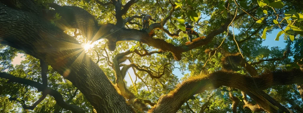 a dynamic scene capturing a skilled tree service team expertly pruning a towering oak tree against the vivid backdrop of a bright central florida sky, with sunlight filtering through lush green leaves.