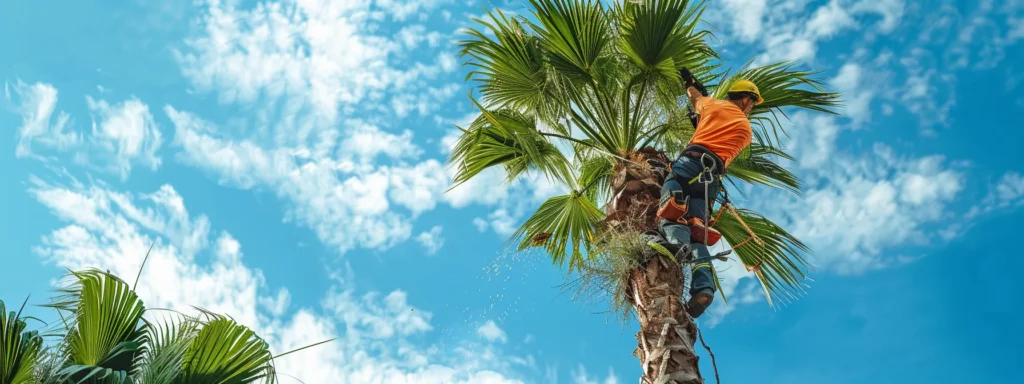 a professional tree service team skillfully pruning a towering palm tree against a vibrant blue sky, showcasing the lush greenery of central florida.