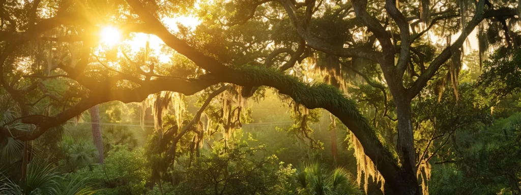 a vibrant scene captures a skilled tree service team expertly pruning lush, green canopies under the warm, golden sunlight of central florida, showcasing their dedication to nature's beauty.